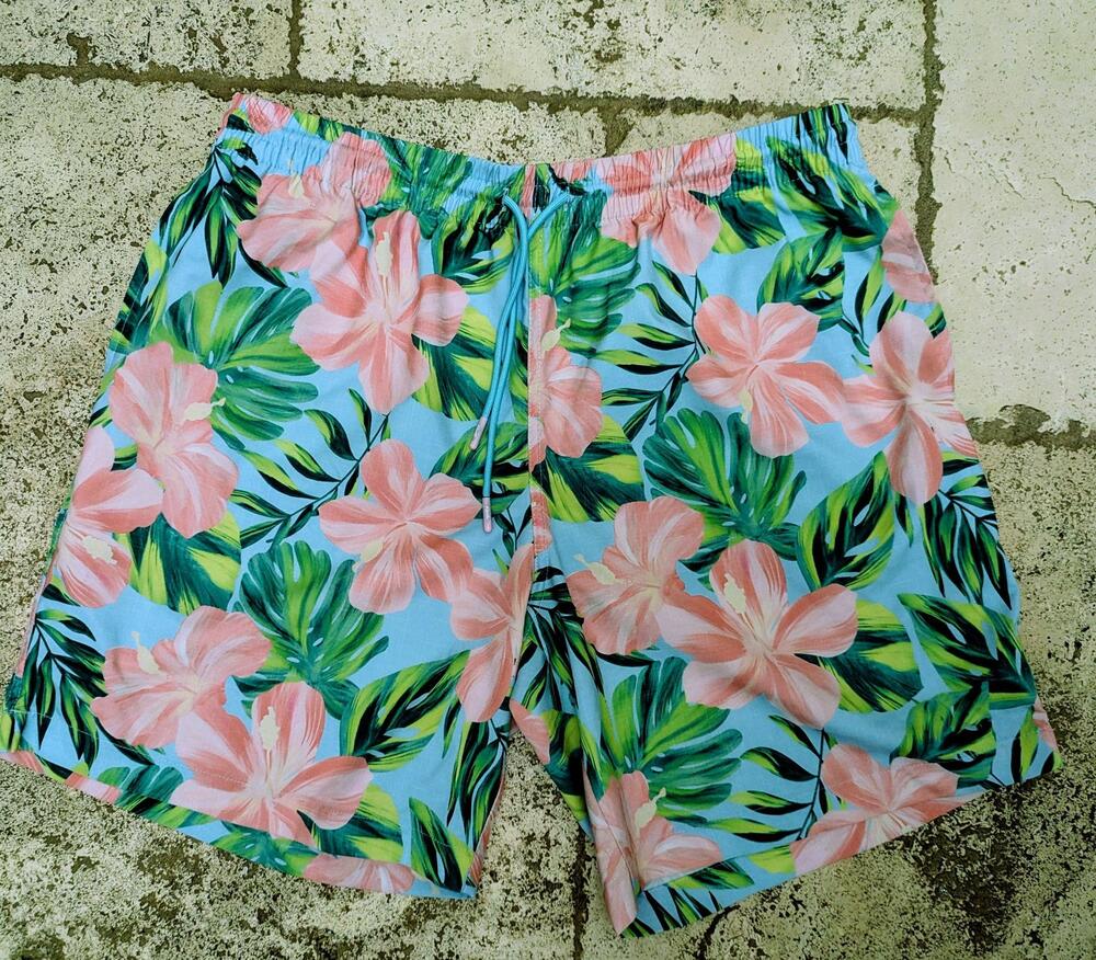 RSVLTS Swim Trunks Mens Large Hawaiian Floral Blue Pink Tropical Quick Dry